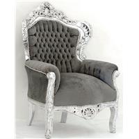 Trône baroque royal en bois argenté et velours gris Stocklholm