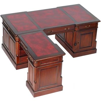 Bureau avocat d'angle style anglais en acajou massif plateau rouge Cambridge