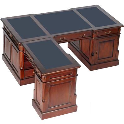 Bureau d'avocat avec angle style anglais victorien en acajou plateau noir Cambridge