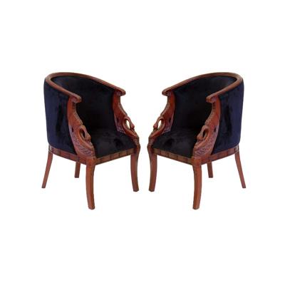 2 fauteuils gondole style Empire en acajou et velours noir Malmaison