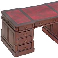 Bureau d'avocat double face anglais en acajou massif 180 cm plateau rouge Bristol